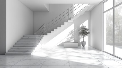 Modern minimalist white marble staircase in sunlit hallway.