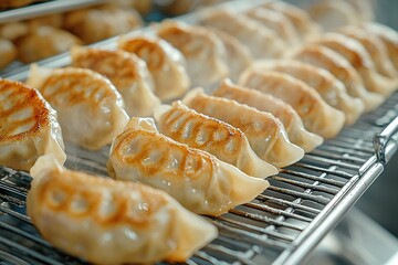 Fried dumplings, placed on a metal rack in a market stall, close-up of fried Asian