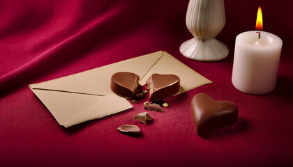 A broken chocolate heart lies on a rich red surface, accompanied by a trail of crumbs, a soft candle glow, and an expressive envelope hinting at a heartfelt message in spring