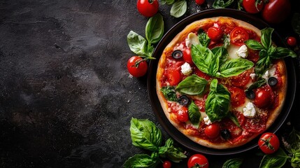 Delicious pizza with tomatoes, olives, cheese, and basil on dark background.