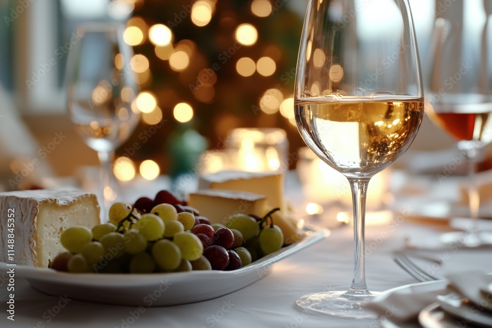 Aufkleber Elegant table setting with white tablecloth and delicious cheese platter ready for a wine tasting event during the evening. Generative AI