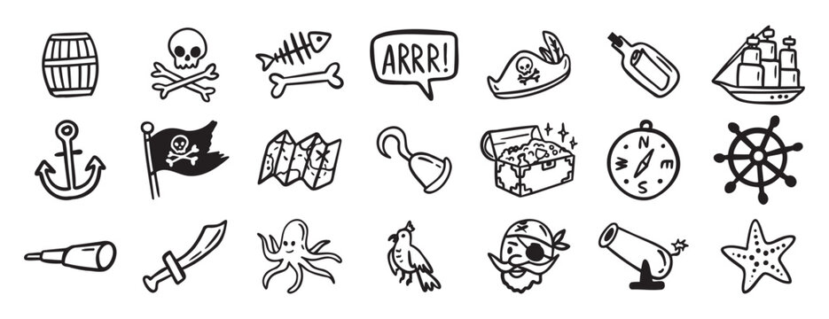 pirate adventure and sea elements. ship, coins, bottle, anchor doodle hand drawn icon set. Outline drawing pirate sea adventure line clipart symbol collection