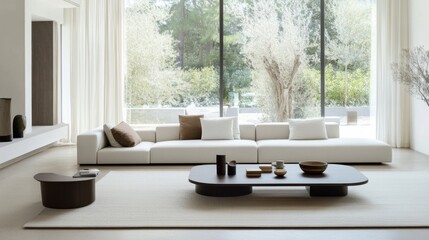 Fototapeta premium Modern minimalist living room with sleek, spacious decor. Featuring clean lines and neutral tones