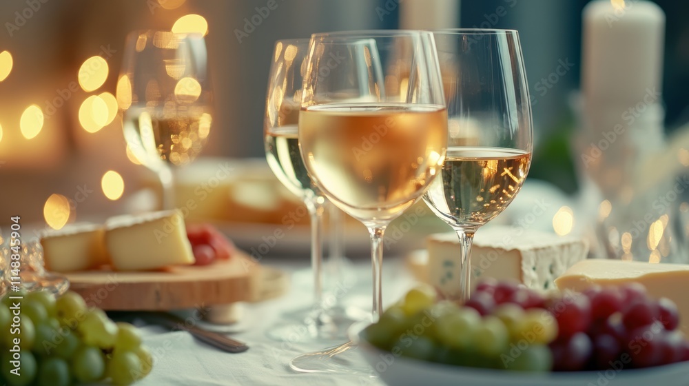 Poster elegant table setting with various wine glasses, cheese platter, and grapes for a cozy evening gathe