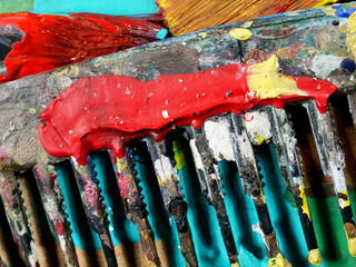 close-up used brushes and paint. Painting art supplies
