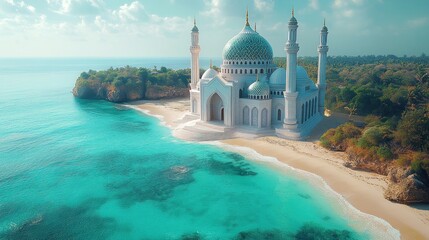 Naklejka premium Coastal Mosque, turquoise water, sandy beach, aerial view.