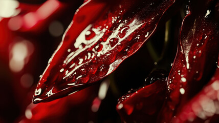 A macro shot of chili peppers with shiny red skin and contrasting green stems, showcasing their fiery intensity and vibrant color, perfect for culinary and food photography.