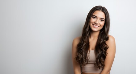 Fototapeta premium American girl alone against a white and blue background, smiling, beautiful brunette posing in front of a white wall. A young woman stands by a blank wall.