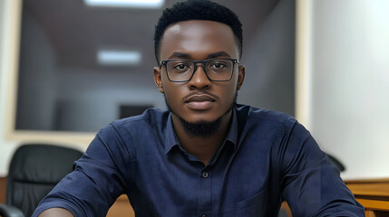 Portrait of a young, serious African American man wearing glasses and a dark blue shirt. He is sitting at a desk in a modern office setting.