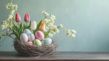 Easter decoration with colorful eggs in a bird's nest, tulips, and feathers on a wooden table