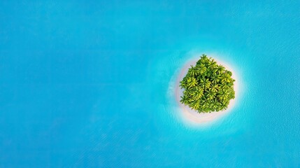 Aerial View of Serene Tropical Island Surrounded by Turquoise Ocean Waters, Lush Green Palm Trees, and Soft Sandy Beach in Bright Sunlight