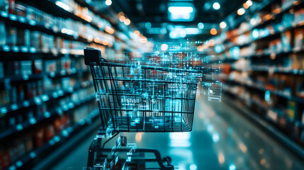 Shopping cart in a supermarket aisle with futuristic digital data overlay. Represents online grocery shopping, e-commerce, and digital transformation in retail.