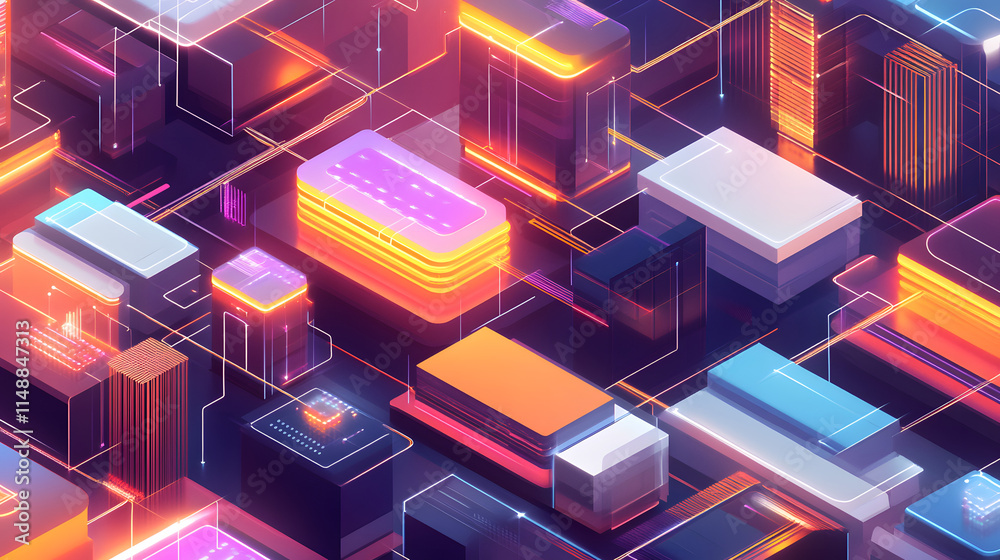 Poster abstract 3d rendering of interconnected glowing geometric shapes and lines, creating a futuristic te