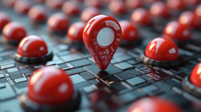 Red location pin among other pins on a circuit board.