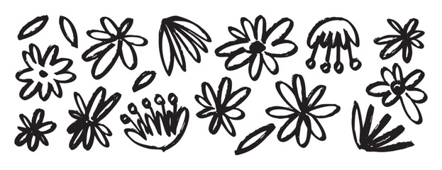 flowers black ink brush grunge drawing, monochrome botanical illustration isolated icons. Hand drawn floral vector elements clipart