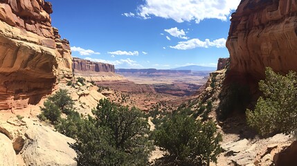 Scenic canyon vista, sunlit desert landscape viewed through rock formations.