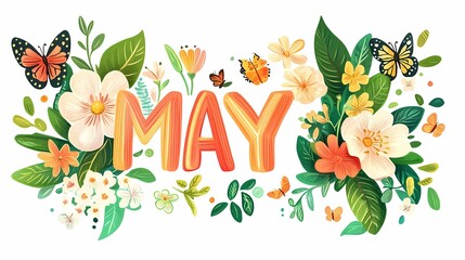 MAY" text with flowers, leaves, and butterflies in a cartoon style, isolated on a white background