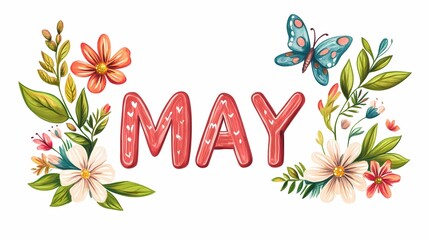 MAY" text with flowers, leaves, and butterflies in a cartoon style, isolated on a white background