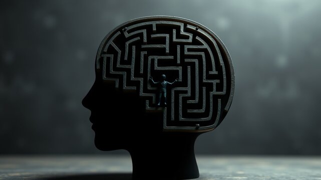 Understanding the complexities of the human mind represented through a maze inside a silhouette