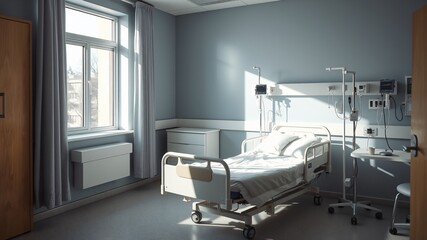 Hospital room with a bed and medical equipment during daylight hours