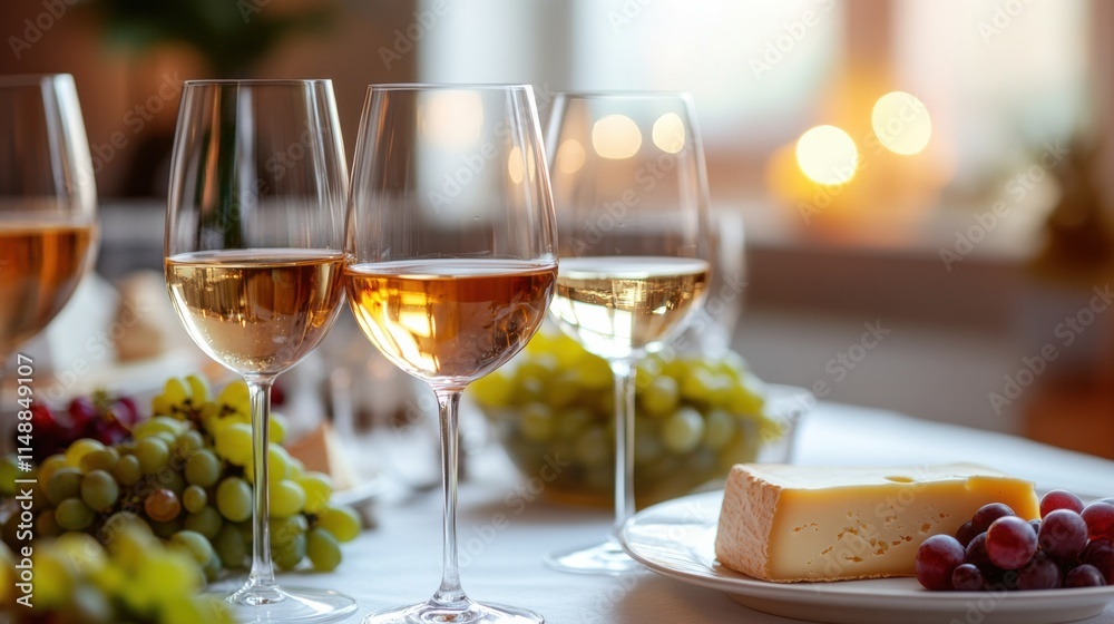 Poster elegant table setting featuring wine glasses, cheese platter, and fresh grapes for a delightful gath
