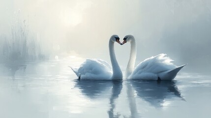 Obraz premium Two swans forming a heart shape on a misty lake at sunrise.