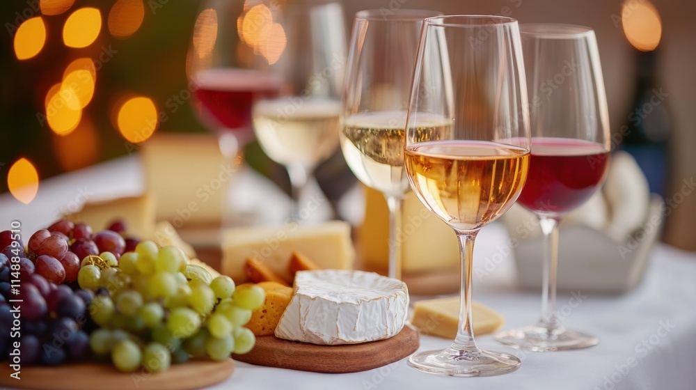 Poster elegant table setting with wine glasses and a cheese platter at a festive gathering during the eveni