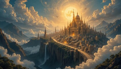 Obraz premium A breathtaking vista of a fantastical city nestled within a valley, bathed in the warm light of sunrise.