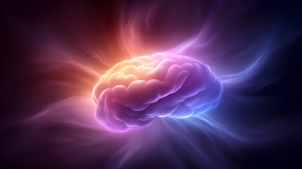 A glowing, colorful representation of a brain surrounded by dynamic, swirling light patterns.