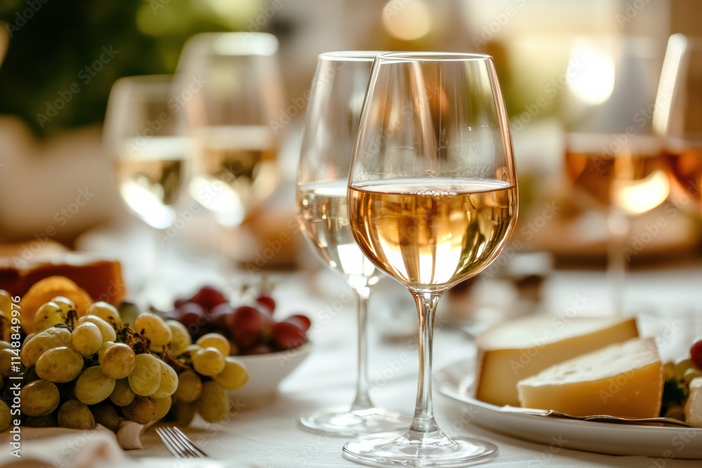 Poster elegant dining setup with assorted wine glasses, cheese platter, and fresh fruit for a delightful ga