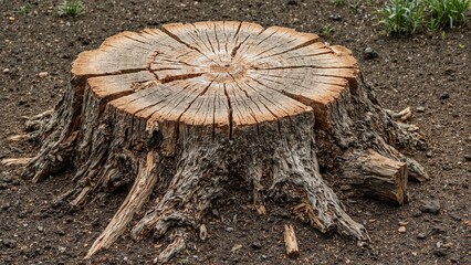 Weathered tree stump with exposed growth rings in center surrounded by disturbed barren soil