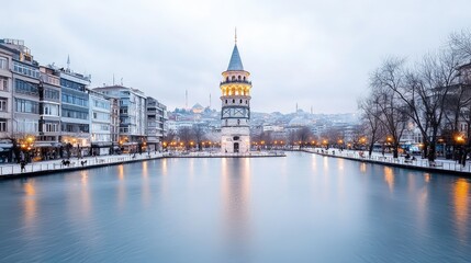 Obraz premium Snowy cityscape with illuminated clock tower reflecting in calm water.