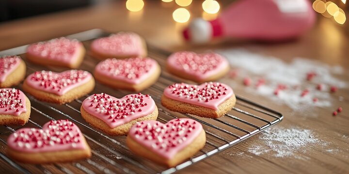  Heart-shaped cookies cooling on wire rack, intricately decorated with pink and red icing. Nearby piping bag and sprinkles lie on floured wooden counter under warm kitchen lighting.