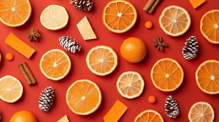 Vibrant Arrangement of Sliced Oranges, Pinecones, Cinnamon Sticks, and Decorative Elements on a Bold Red Background for Seasonal Aesthetics