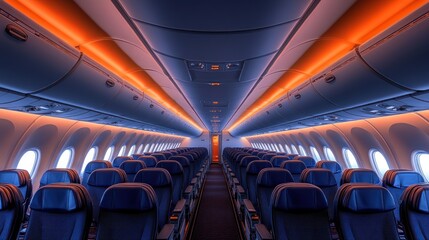 Fototapeta premium Empty airplane cabin with blue seats and orange lighting.