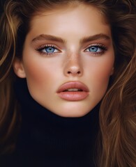 An extremely beautiful supermodel with long brown hair and blue eyes, with the focus on the face and eyes looking directly at the camera. Generative AI.