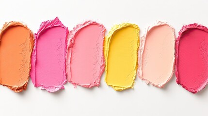 Vibrant Palette of Colorful Acrylic Paint Swatches in Shades of Orange, Pink, and Yellow on a White Background for Artistic Inspiration and Creativity