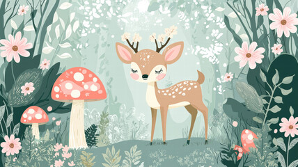 Obraz premium A magical kawaii forest filled with glowing mushrooms, smiling flowers, and a cheerful deer, creating a fantasy-inspired scene in soft pastel tones that evoke joy and whimsy