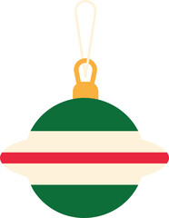 Hanging green and red Christmas ball ornament with a gold string against a white background, adding a festive touch to holiday decorations and seasonal projects