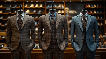 Fototapeta premium Stylish suits for men displayed on mannequins in boutique. Classic tailored suits in plaid, tweed patterns on display. Suits sophisticated, elegant. Shop displays high-quality menswear. Suits feature