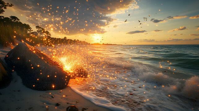 Magical sunset scene with sparks erupting from a rock on a beach, illuminating the waves and sky. Birds fly overhead, adding to the enchanting atmosphere.
