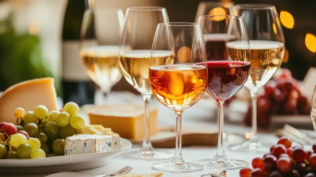 Elegant dining setup with cheese platter and assorted wine glasses at a cozy gathering. Generative AI