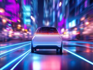 Fototapeta premium Futuristic Electric Vehicle Driving Through Neon City Streets at Night with Blurred Lights and Dynamic Motion Effects for Modern Urban Atmosphere