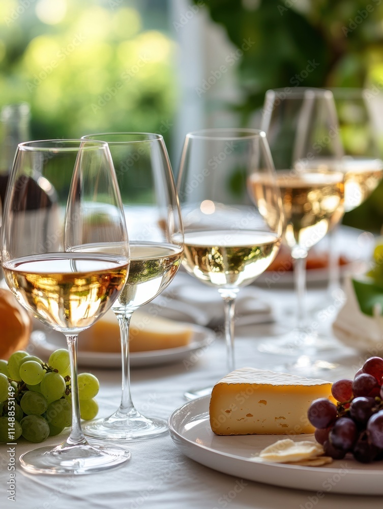 Poster elegant table setting featuring wine glasses, a cheese platter, and fresh grapes suitable for a gath
