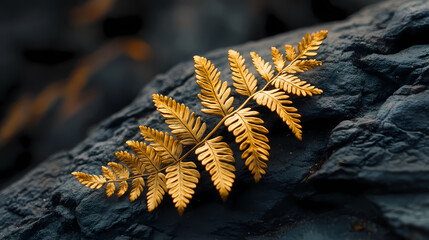 Golden fern frond pressed on dark rock. Frond. Illustration