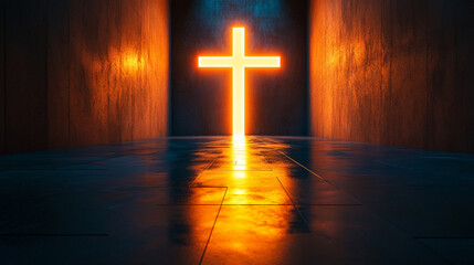 Naklejka premium cross-shaped door in a dark room, glowing light shining through. The minimalistic tone and blurred background evoke a sense of hope, faith, and the search for clarity amidst chaos
