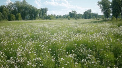 Scenic meadow with white wildflowers and trees.