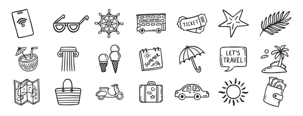 travel doodle hand drawn icon set. Outline drawing travel tourism line clipart symbols