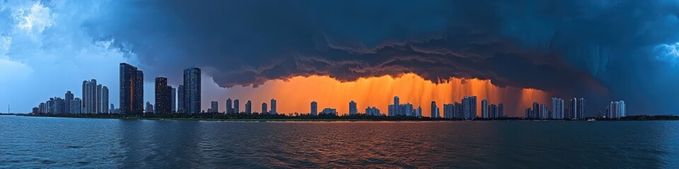 Fototapeta premium Dramatic Sunset Over City Skyline With Clouds and Water Reflection