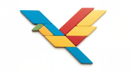 Colorful wooden tangram puzzle in the shape of a flying bird on a white background.